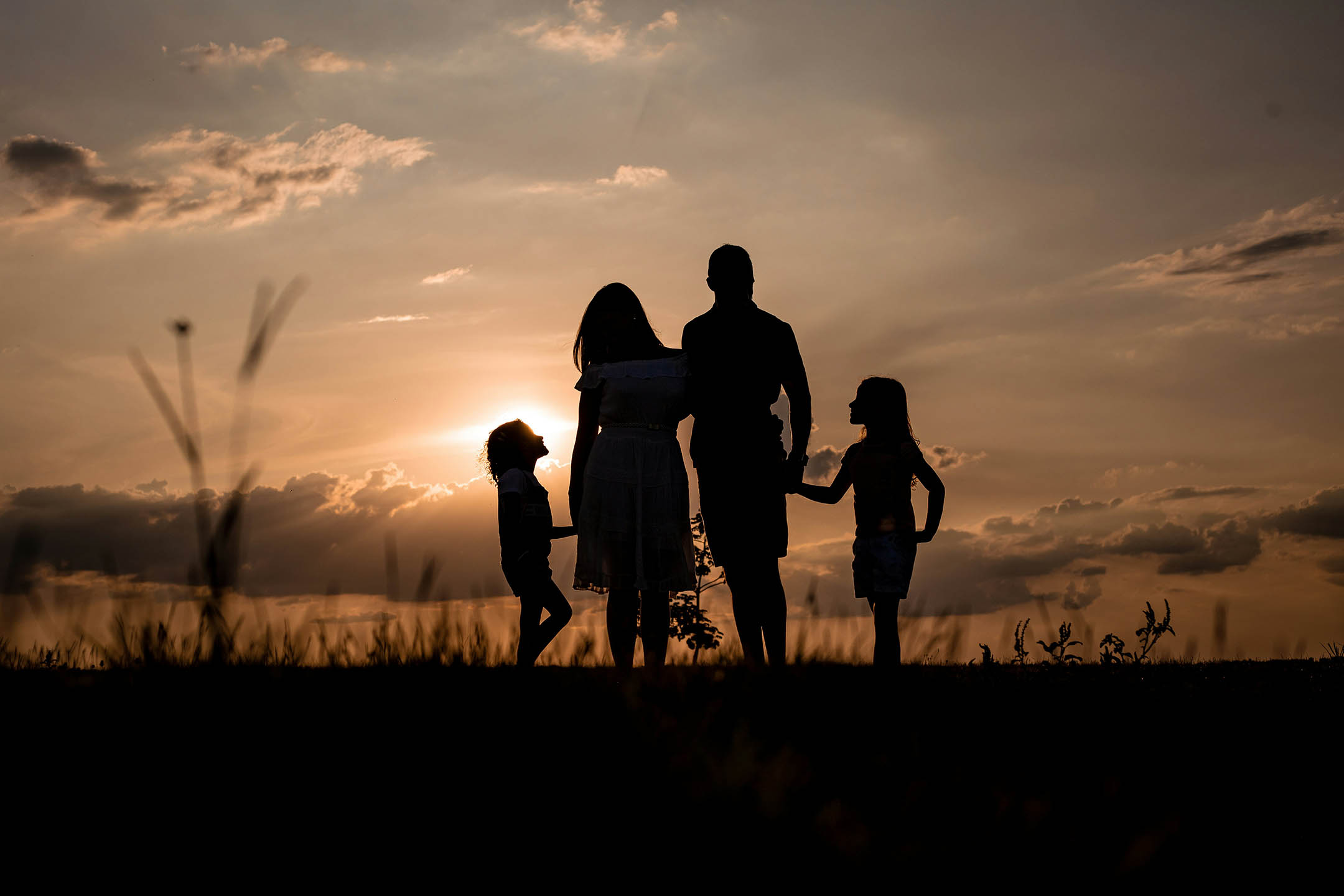 Silhouette of family in a field against a sunset.