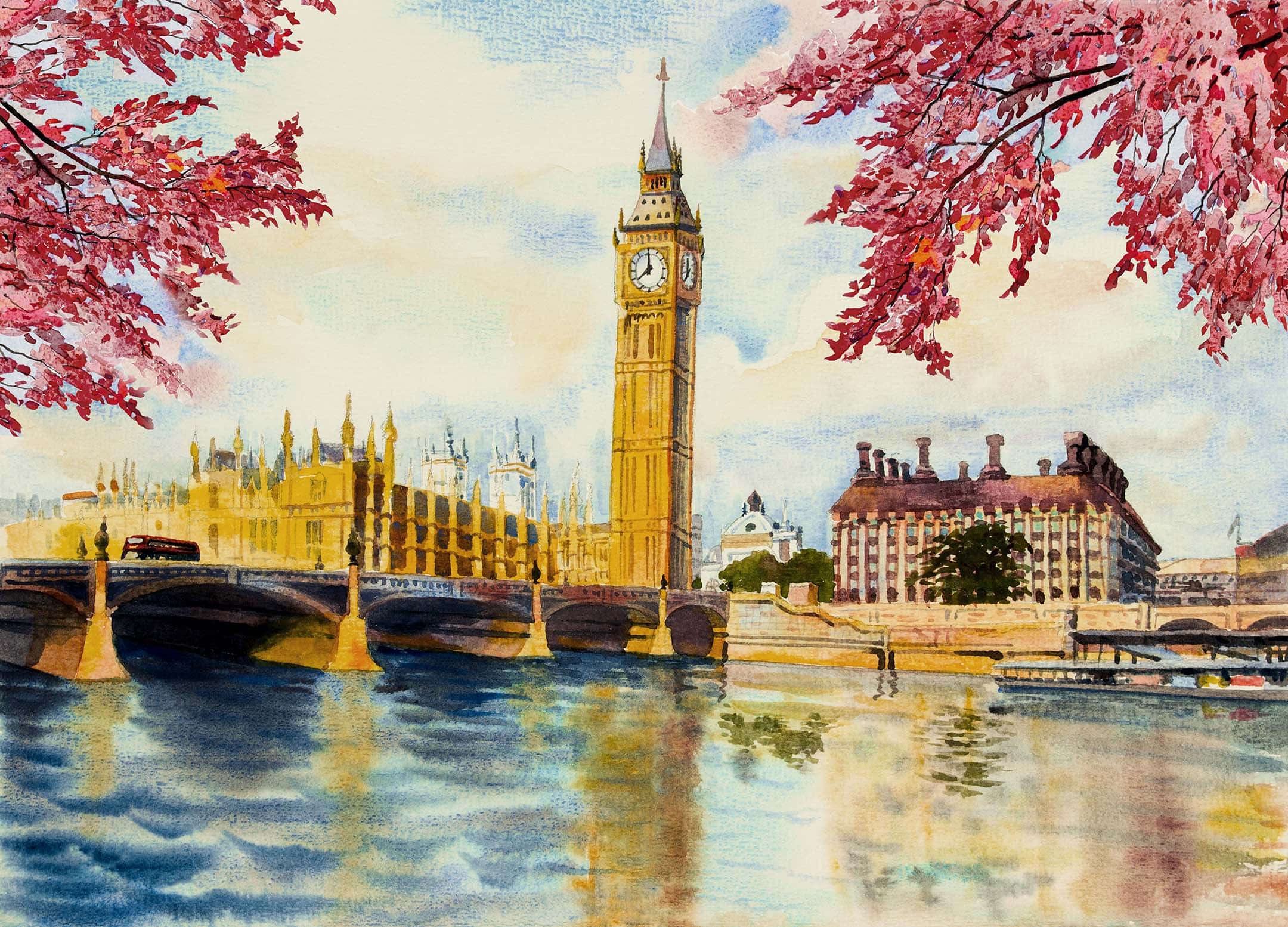 Painting of House of Commons by the water with pink blossom trees edging in