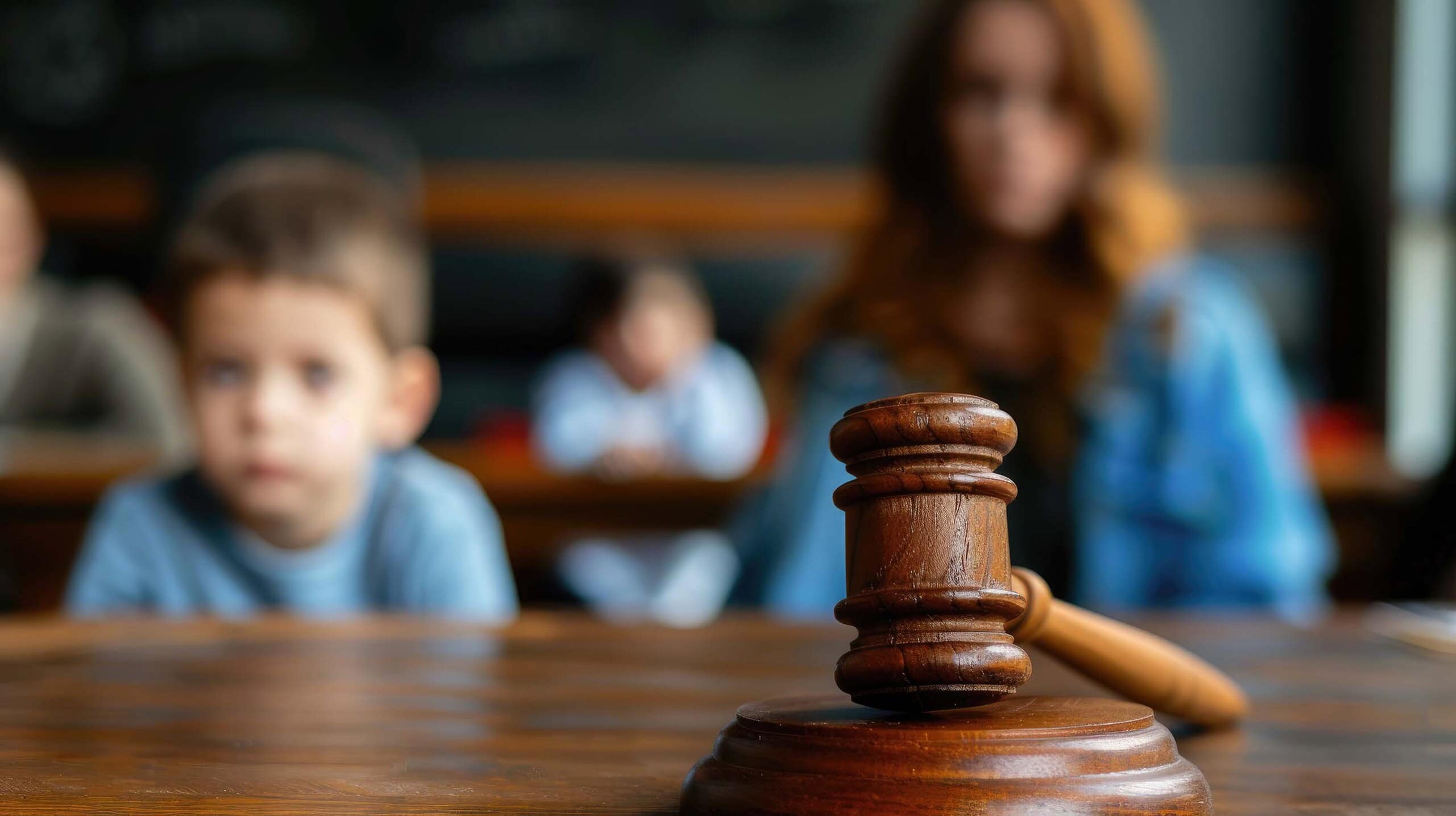 Image of a court gavel on the table with child and mother in witness stands behind in extreme depth of field.